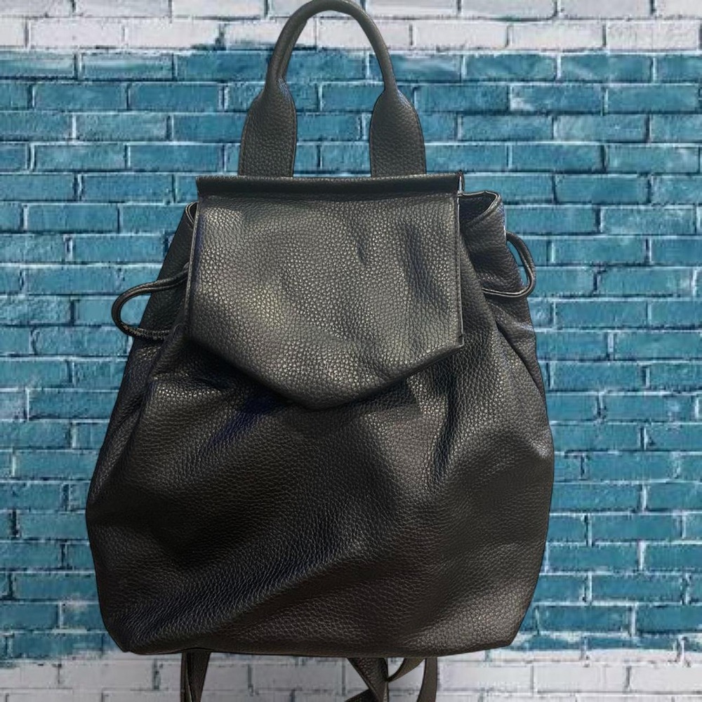 A New Day Black Pebbled Faux Leather Drawstring Flap Backpack Handbag